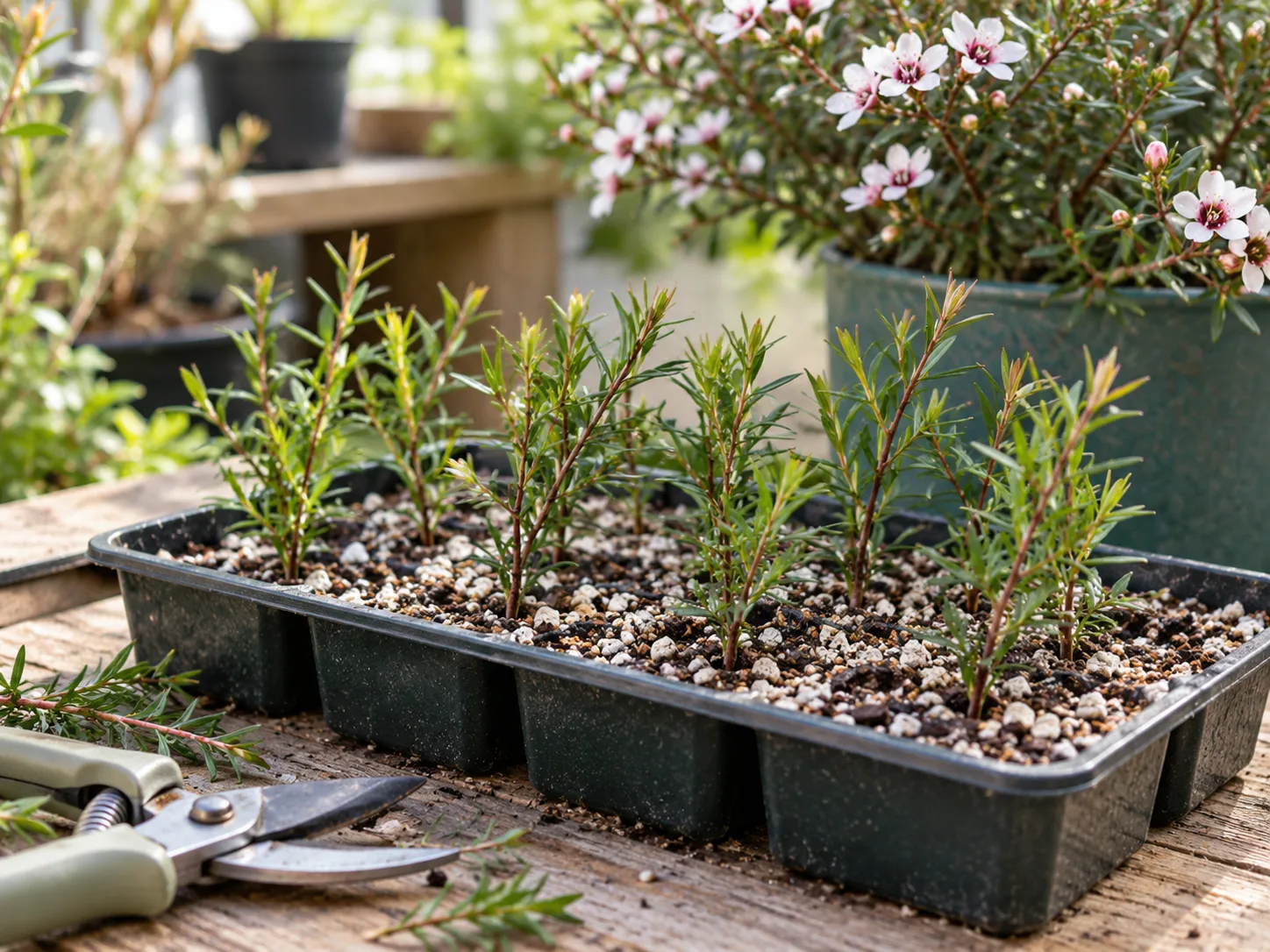 Semi-hardwood New Zealand tea tree cuttings in propagation mix
