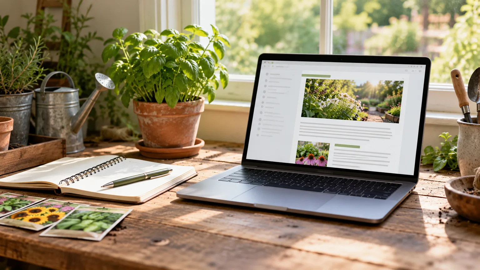 A gardening newsletter open on a laptop beside a garden notebook and potted herb