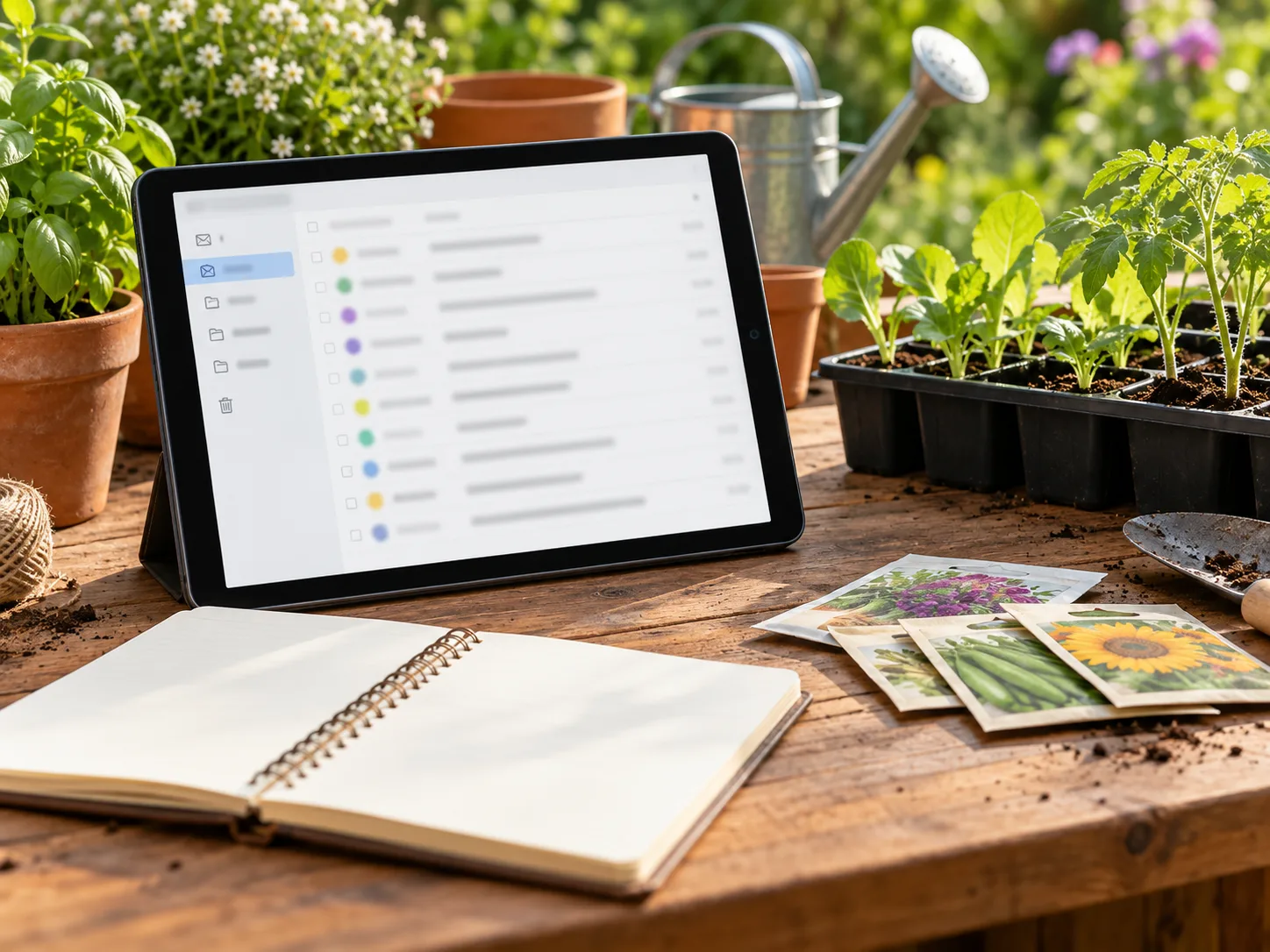 A tablet showing a blurred, generic inbox beside seedlings and a blank garden notebook