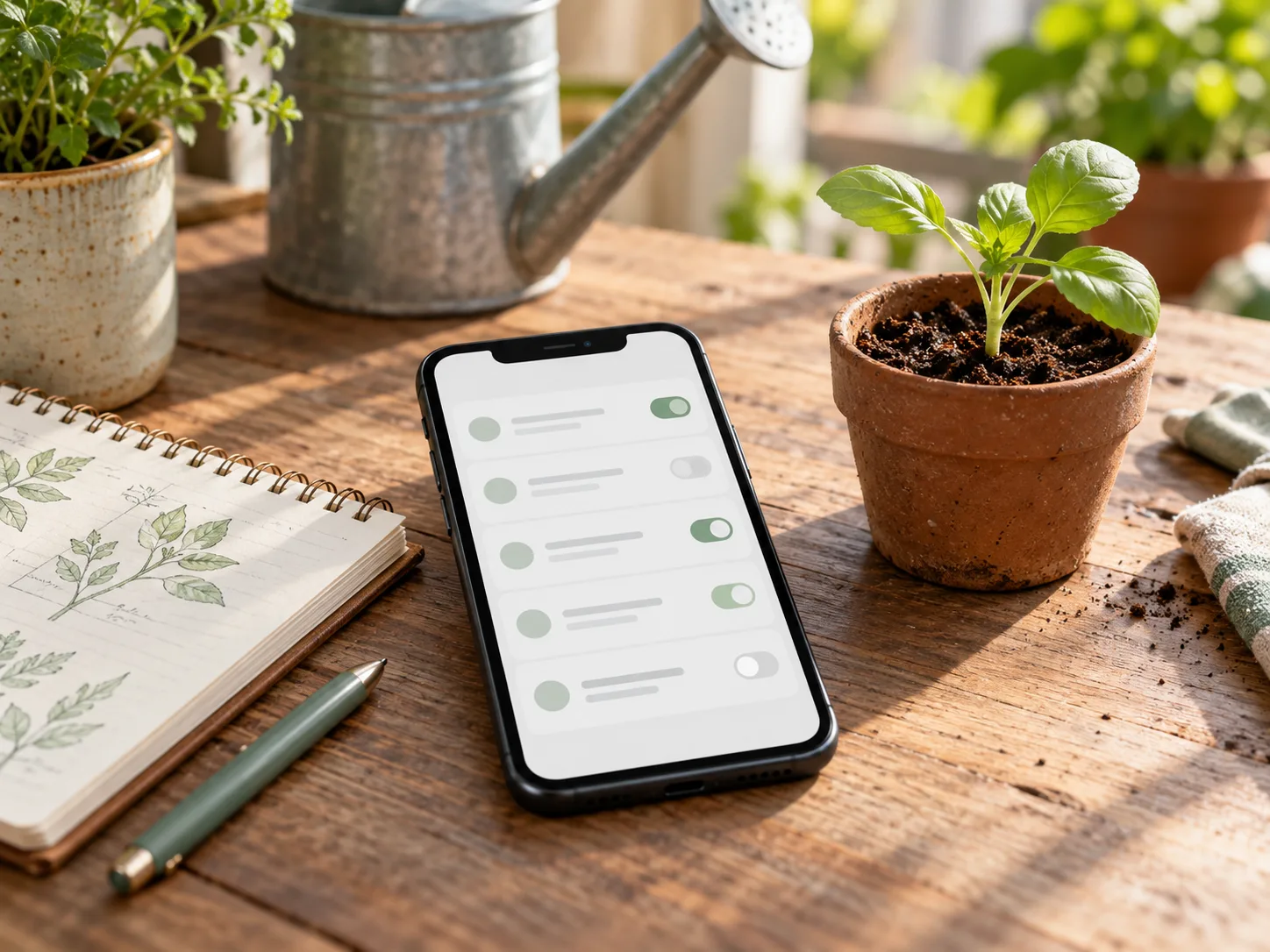 A phone with generic email preference toggles beside a seedling and garden notebook