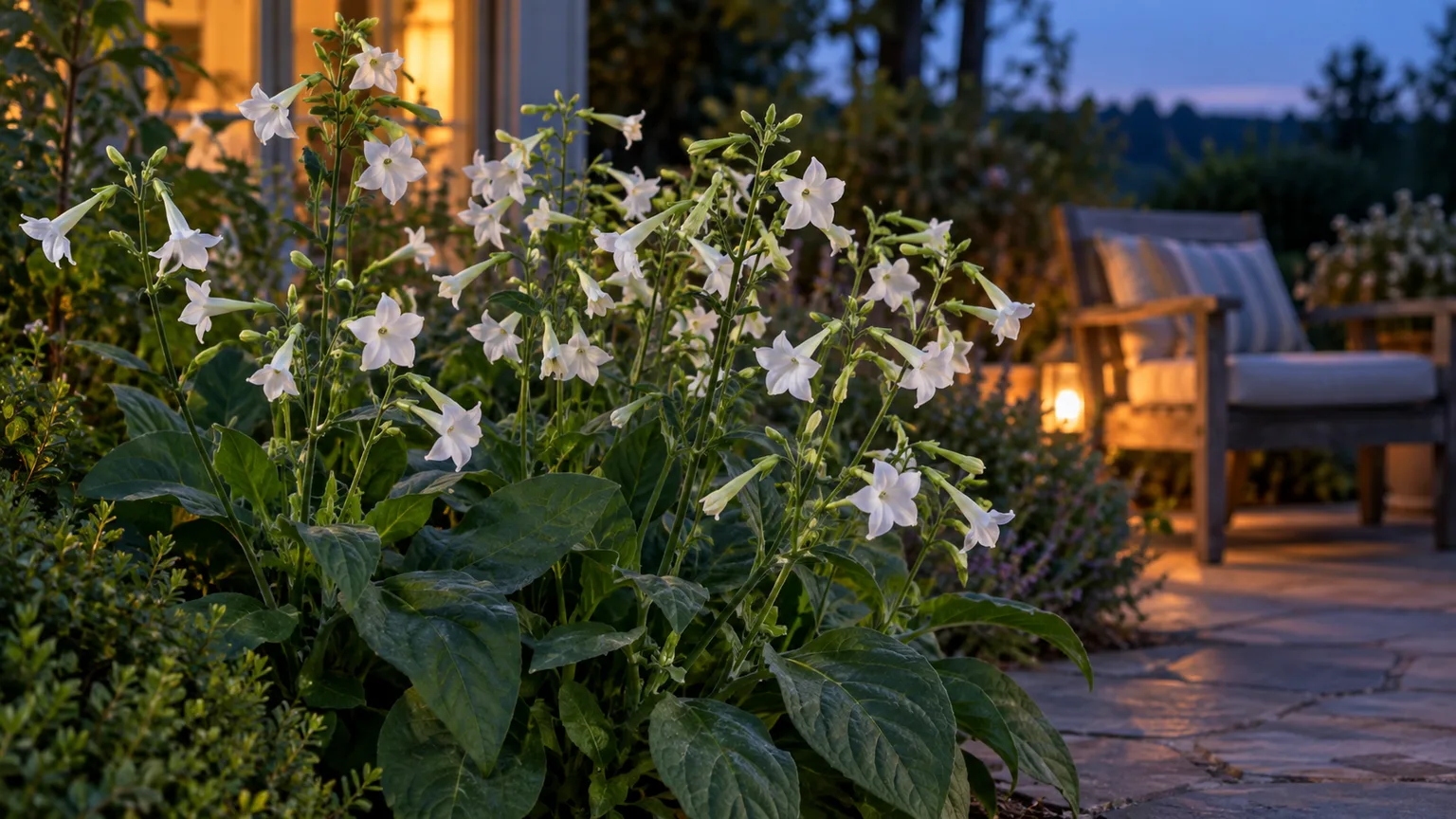 White flowering tobacco in bloom beside a patio seating area at dusk