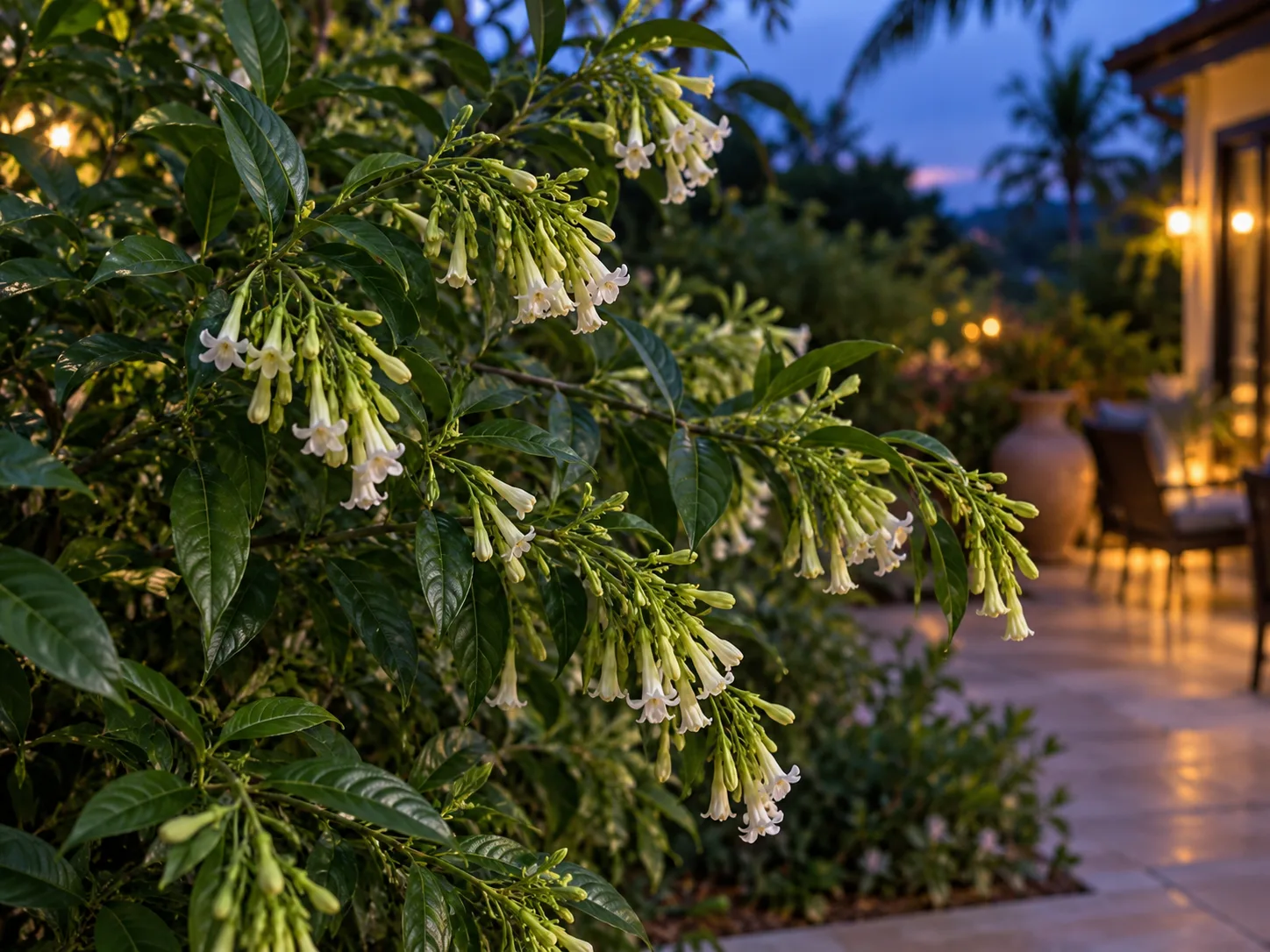 Tubular night-blooming jasmine flowers open against glossy leaves at dusk
