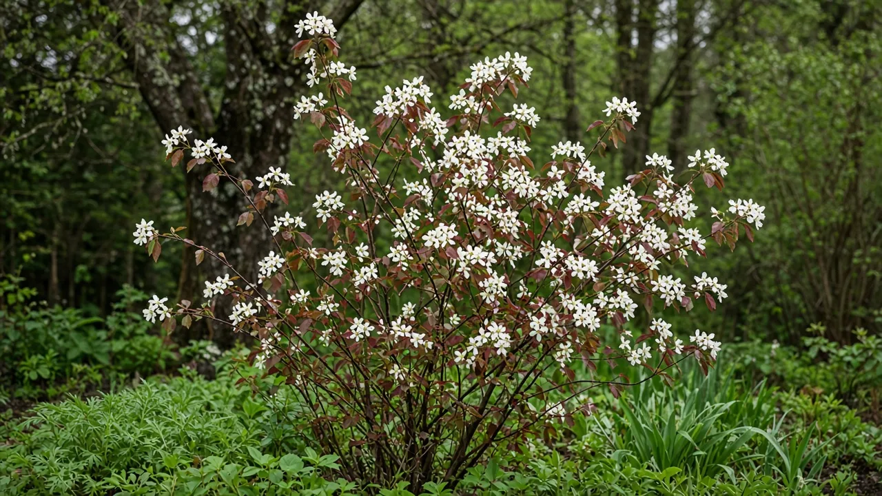 Serviceberry tree covered in white spring flowers in a residential yard