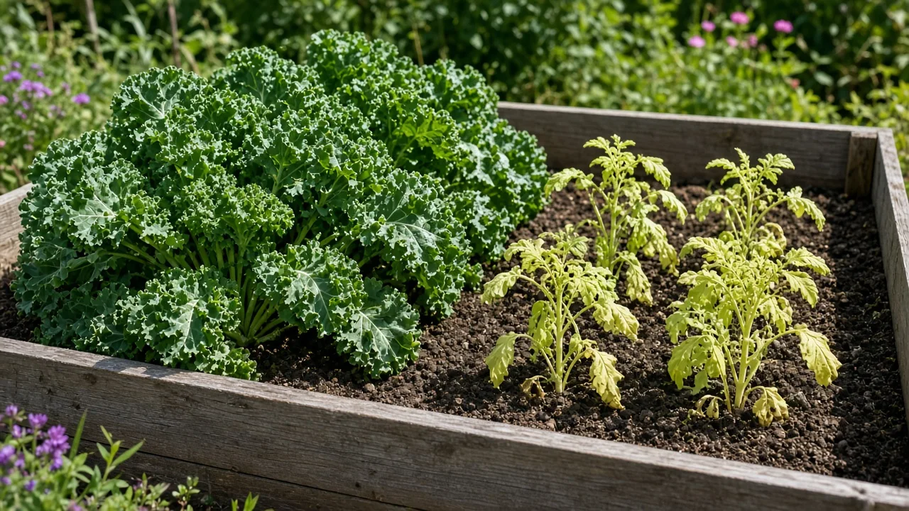 A raised garden bed with tomatoes and peppers beside a measured nitrogen fertilizer