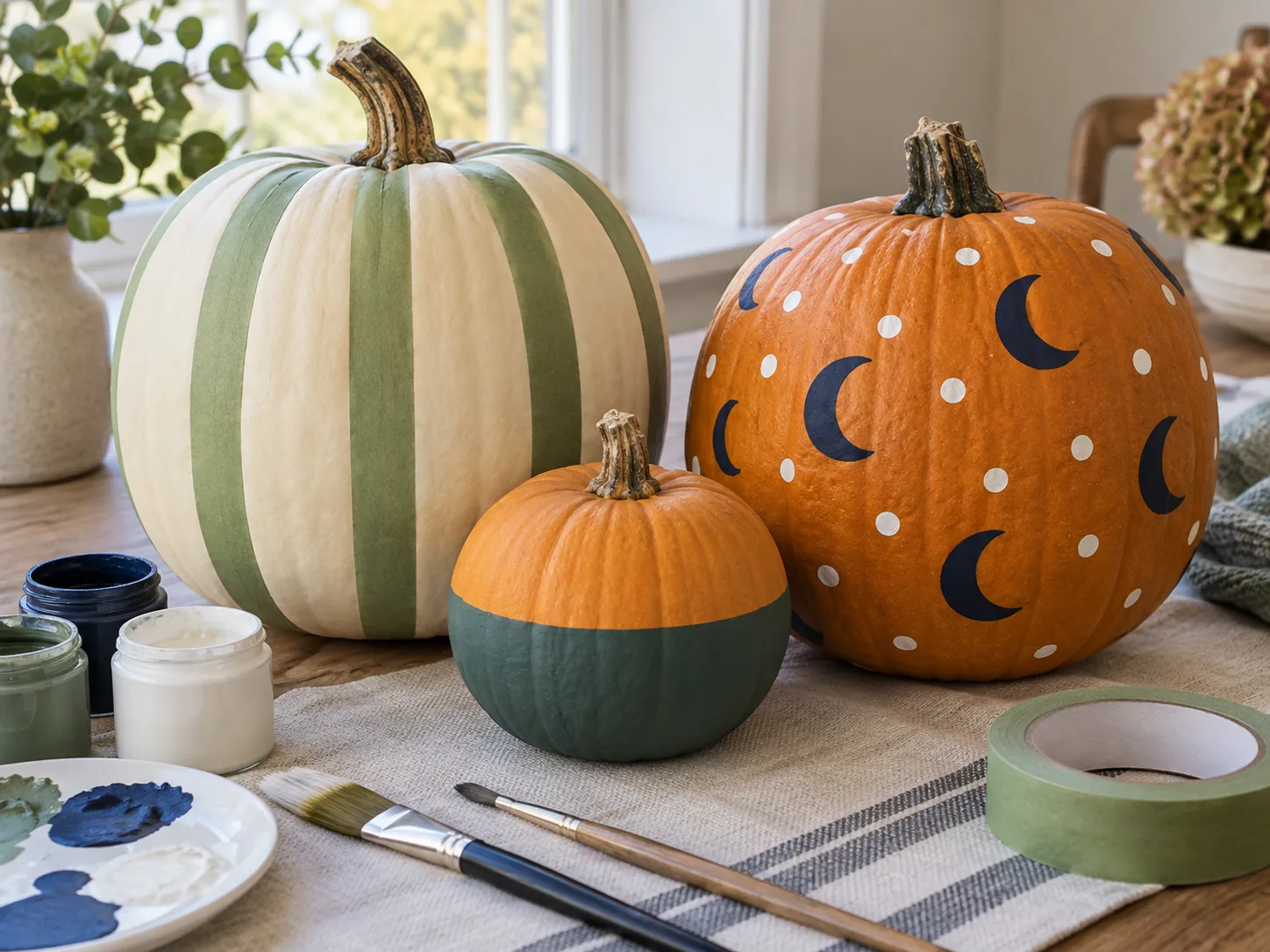Whole pumpkins with simple taped stripes, painted dots, and color-blocked surfaces arranged with brushes and painter’s tape