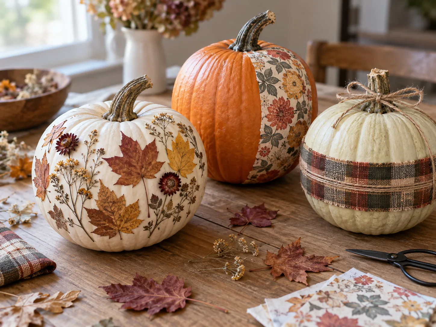 Uncut pumpkins decorated with pressed leaves, patterned paper, dried flowers, and a plaid fabric band