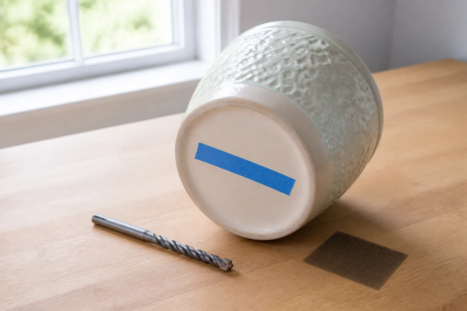 Masonry bit drilling drainage holes in the base of a glazed ceramic plant pot