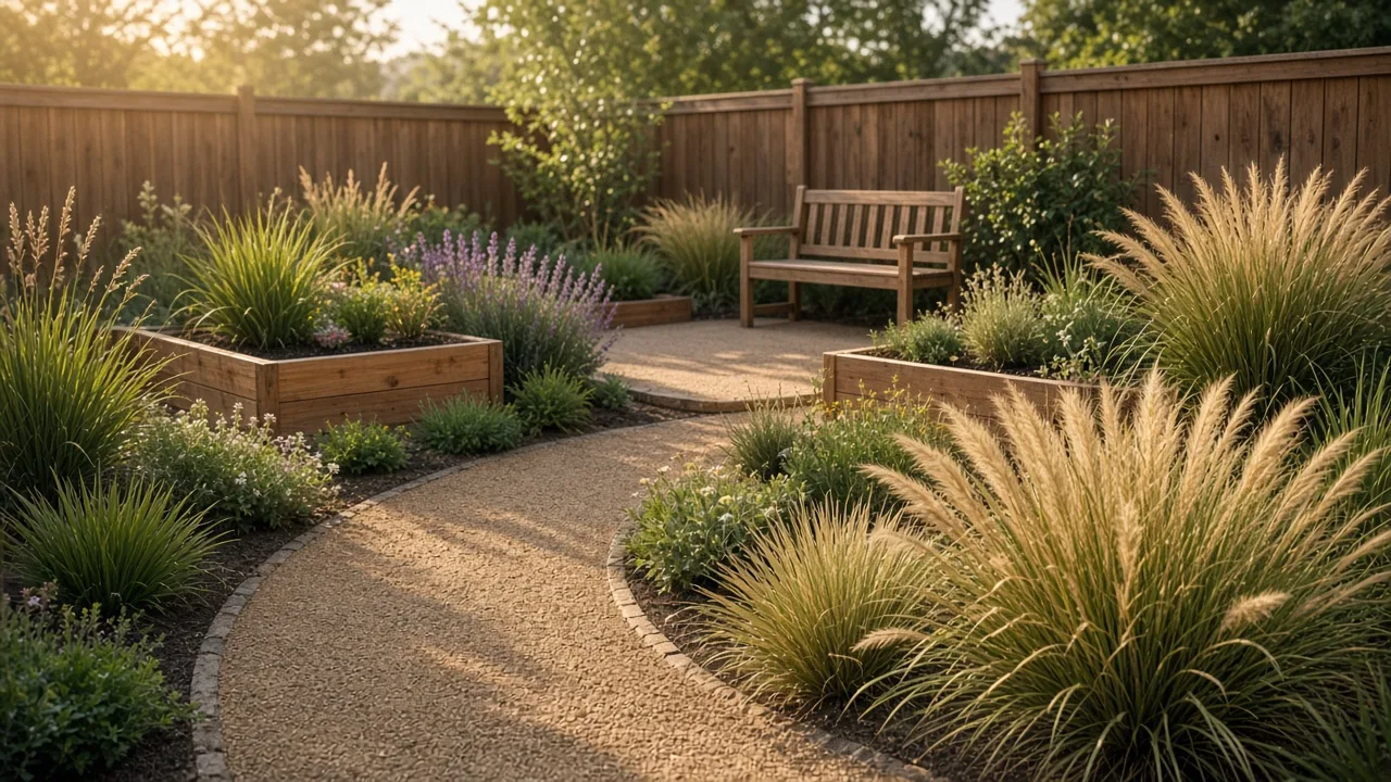 Grass-free backyard with gravel paths, drought-tolerant planting, and a patio