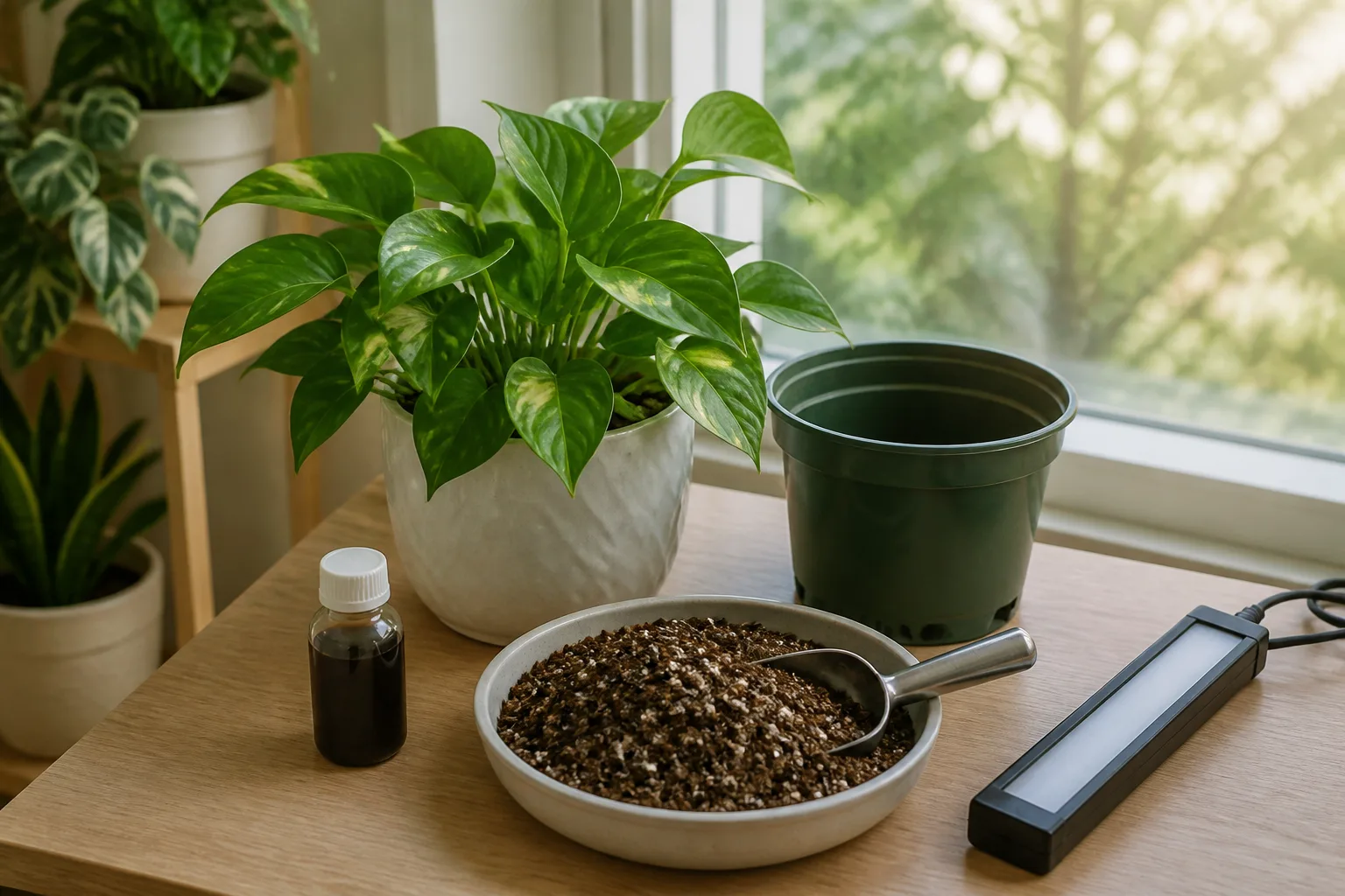 Bright window placement and grow-light setup used to restart a stalled houseplant after a light bottleneck