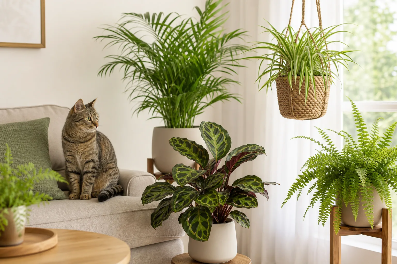 A collection of cat-safe indoor plants including a parlor palm, calathea, spider plant, and boston fern arranged in a bright living room with a cat nearby