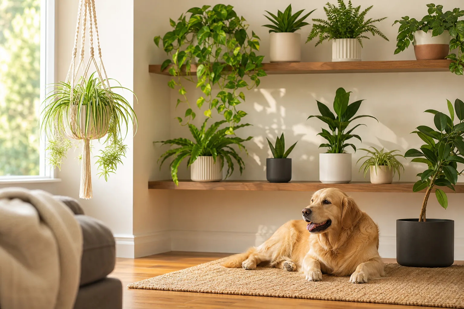 A bright living room with pet-safe indoor plants on shelves, a hanging spider plant, and a dog resting nearby on the floor