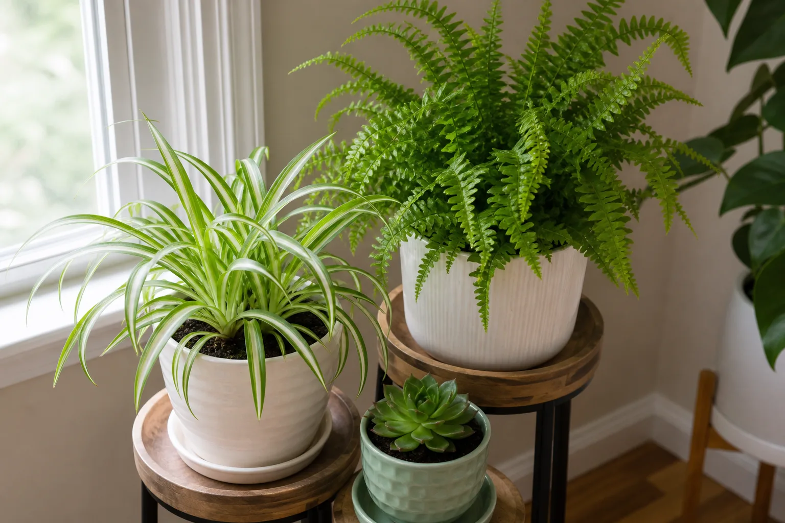 Grouped potted non-toxic houseplants showing the full plant, pot, and soil setup dog owners should consider