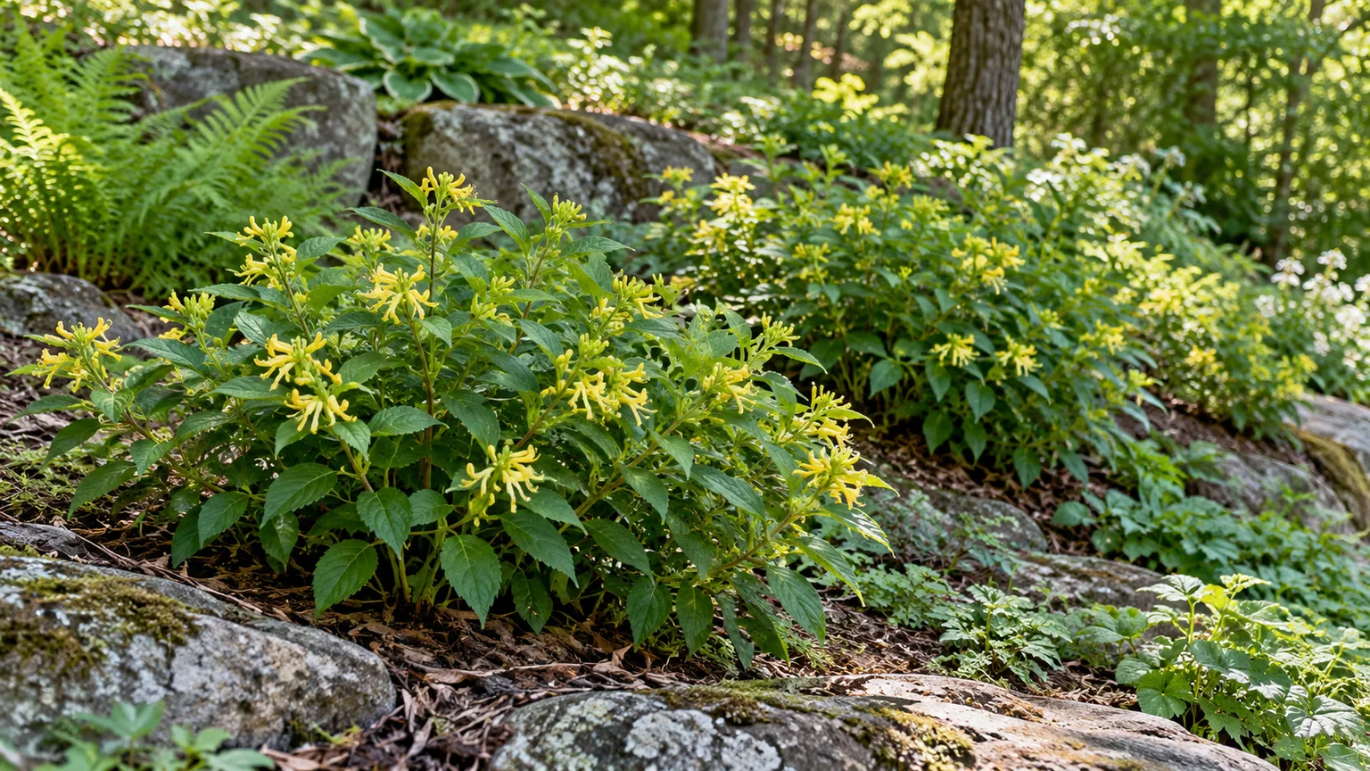 Northern bush honeysuckle growing as a low flowering shrub on a rocky woodland-edge slope
