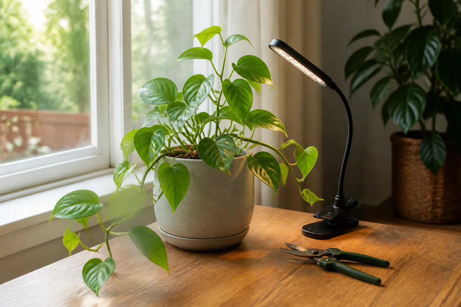 Diagram of low-light fix order: measure, move closer to a window, add grow light, adjust watering, then prune