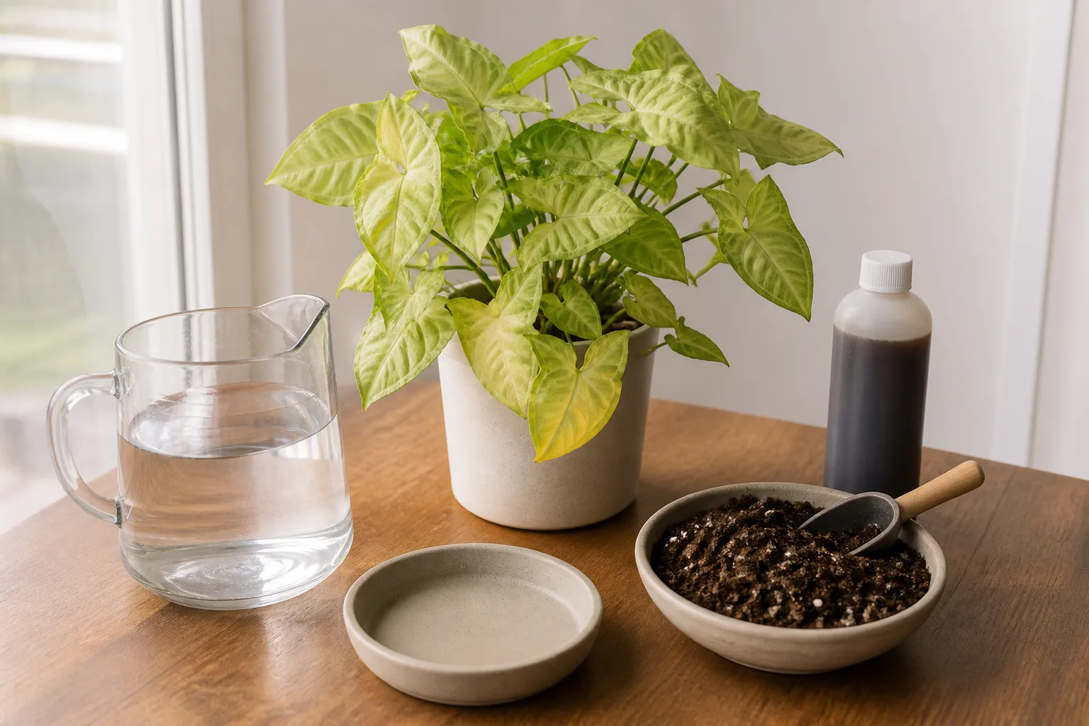 Numbered houseplant nutrient-lockout fix plan: pause fertilizer, leach salts, fix water, then restart dilute feed