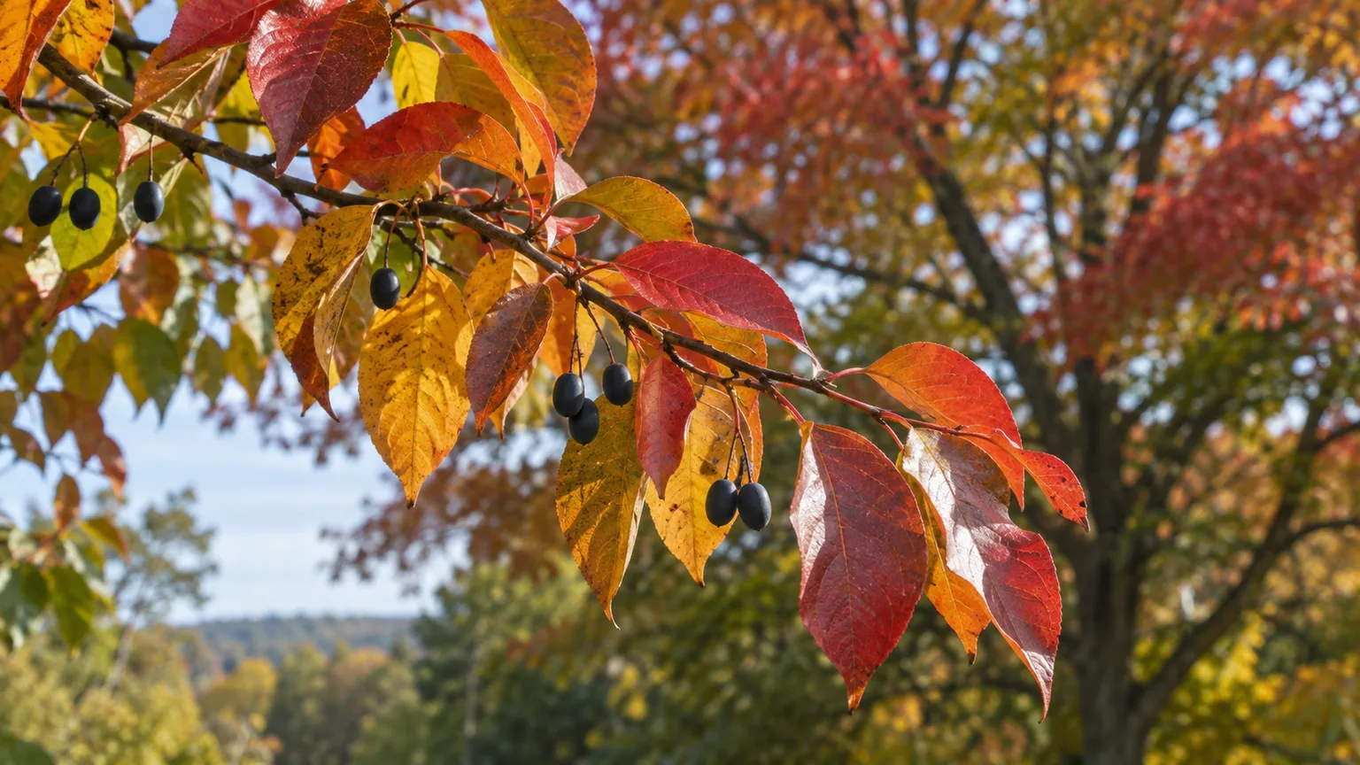 Black gum leaves turn scarlet and orange beside clusters of dark fruit.