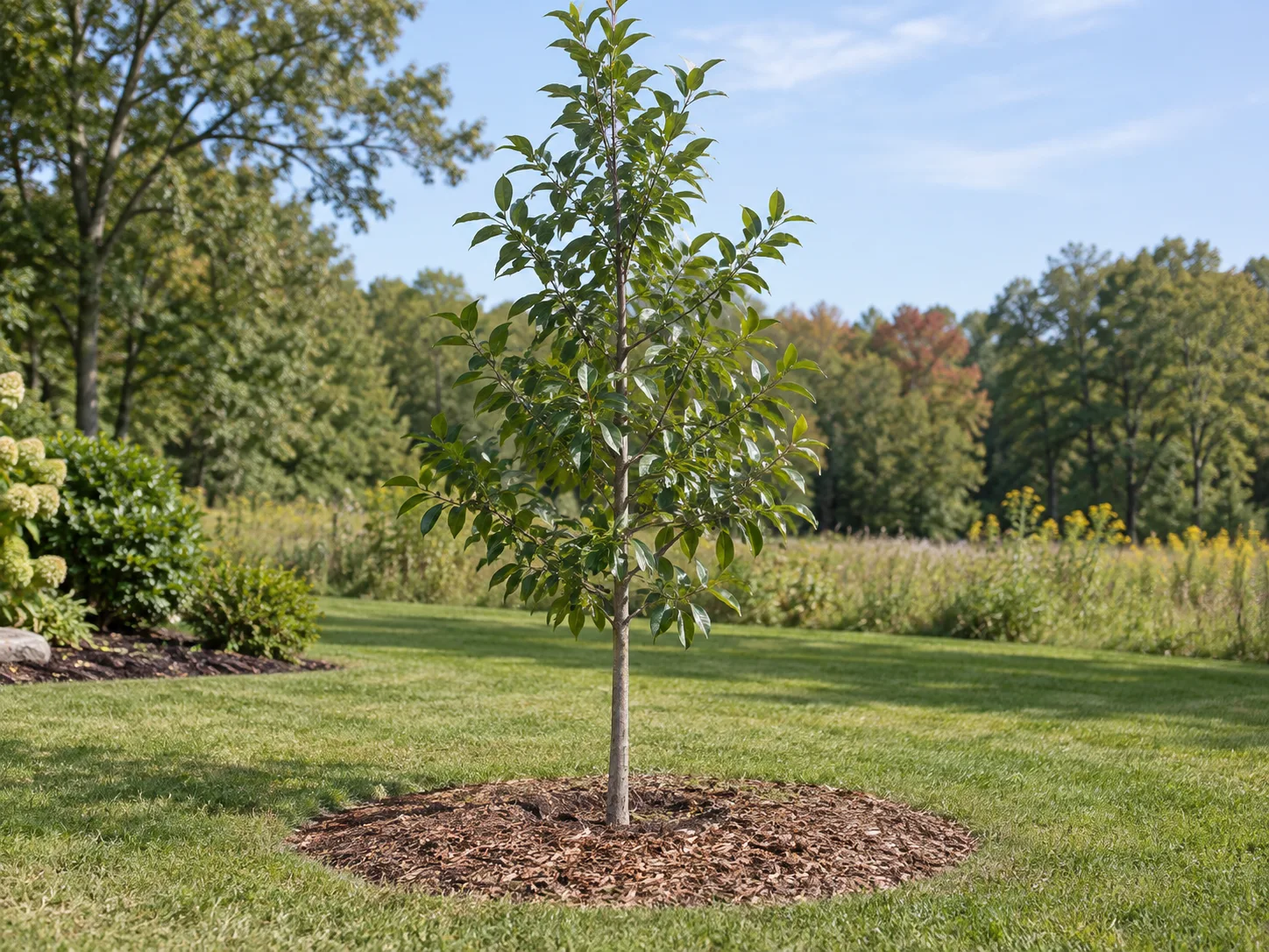 A young black gum planted with its root flare at soil level and a clear mulch ring