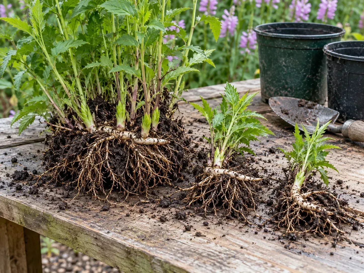 Obedient plant divisions with visible rhizomes, buds, roots, a garden spade, and nursery pots on a potting bench