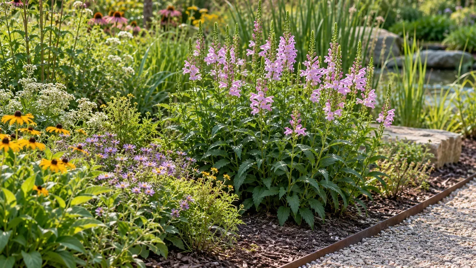 Obedient plant in a contained late-summer rain-garden border with a clear edge beside the path
