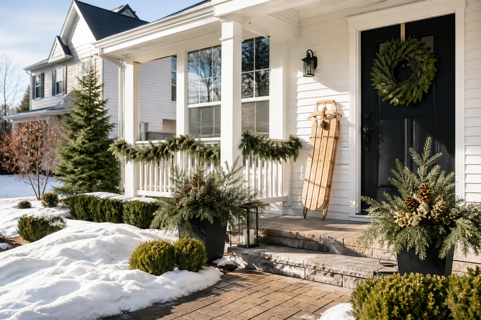 Front yard holiday decor photographed in bright winter daylight, showing wreaths, garland, and natural accents without lights