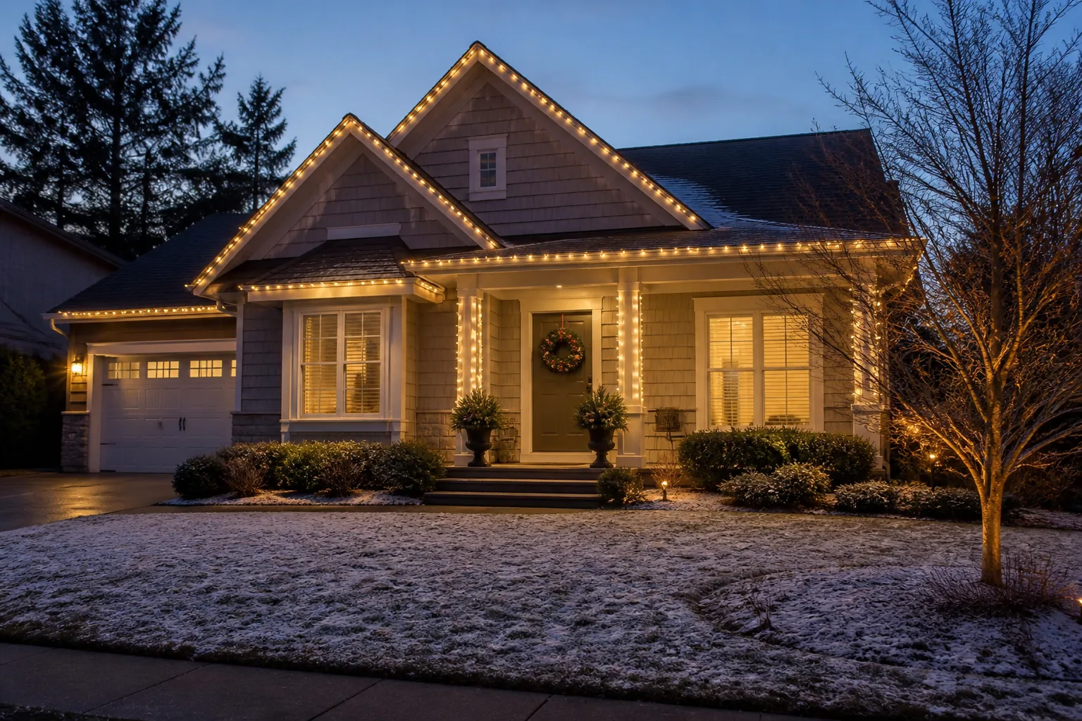 Suburban front yard at dusk with warm white roofline lights, porch greenery, and cohesive holiday decor