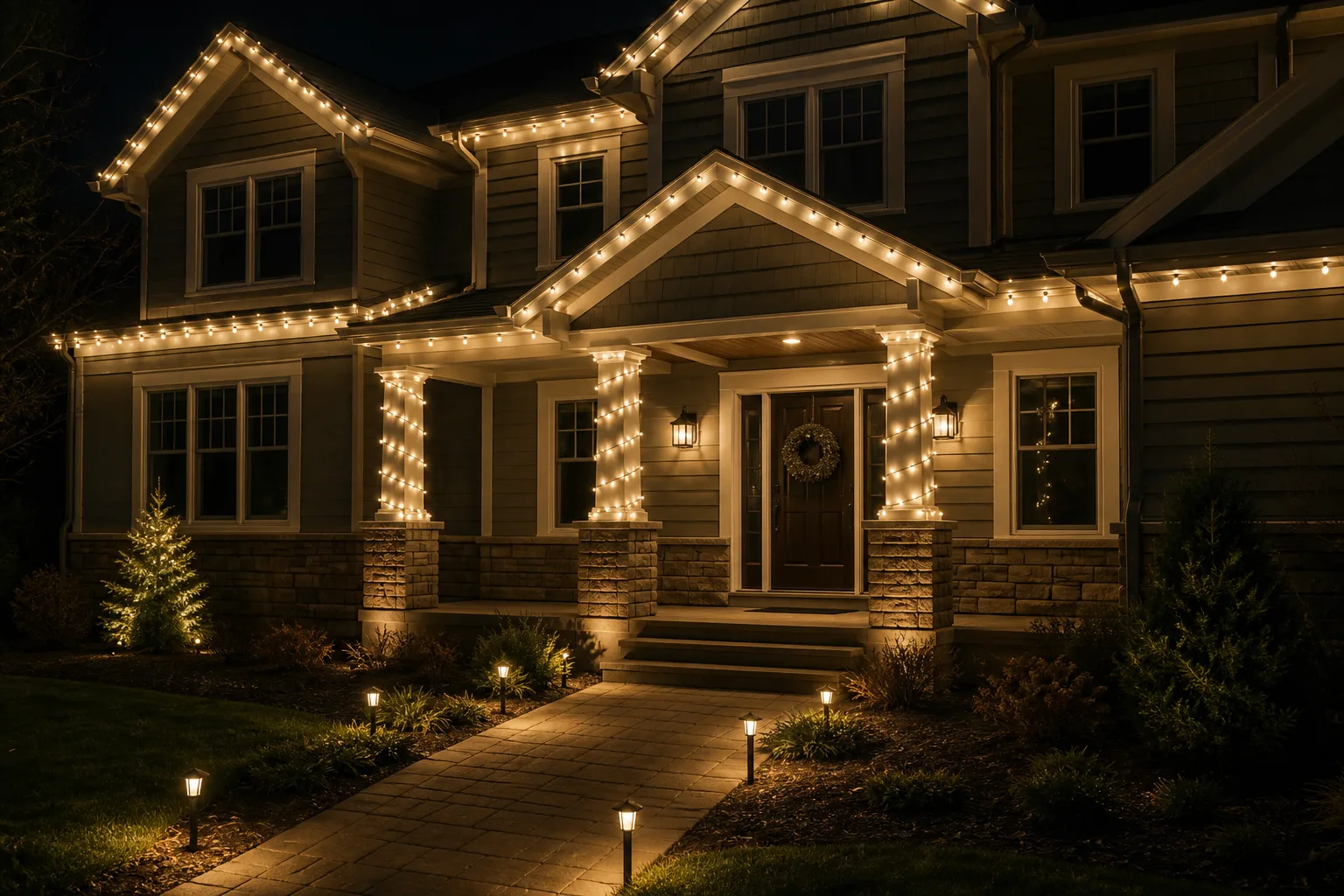 House exterior at night with restrained warm white roofline, porch column, and walkway holiday lighting