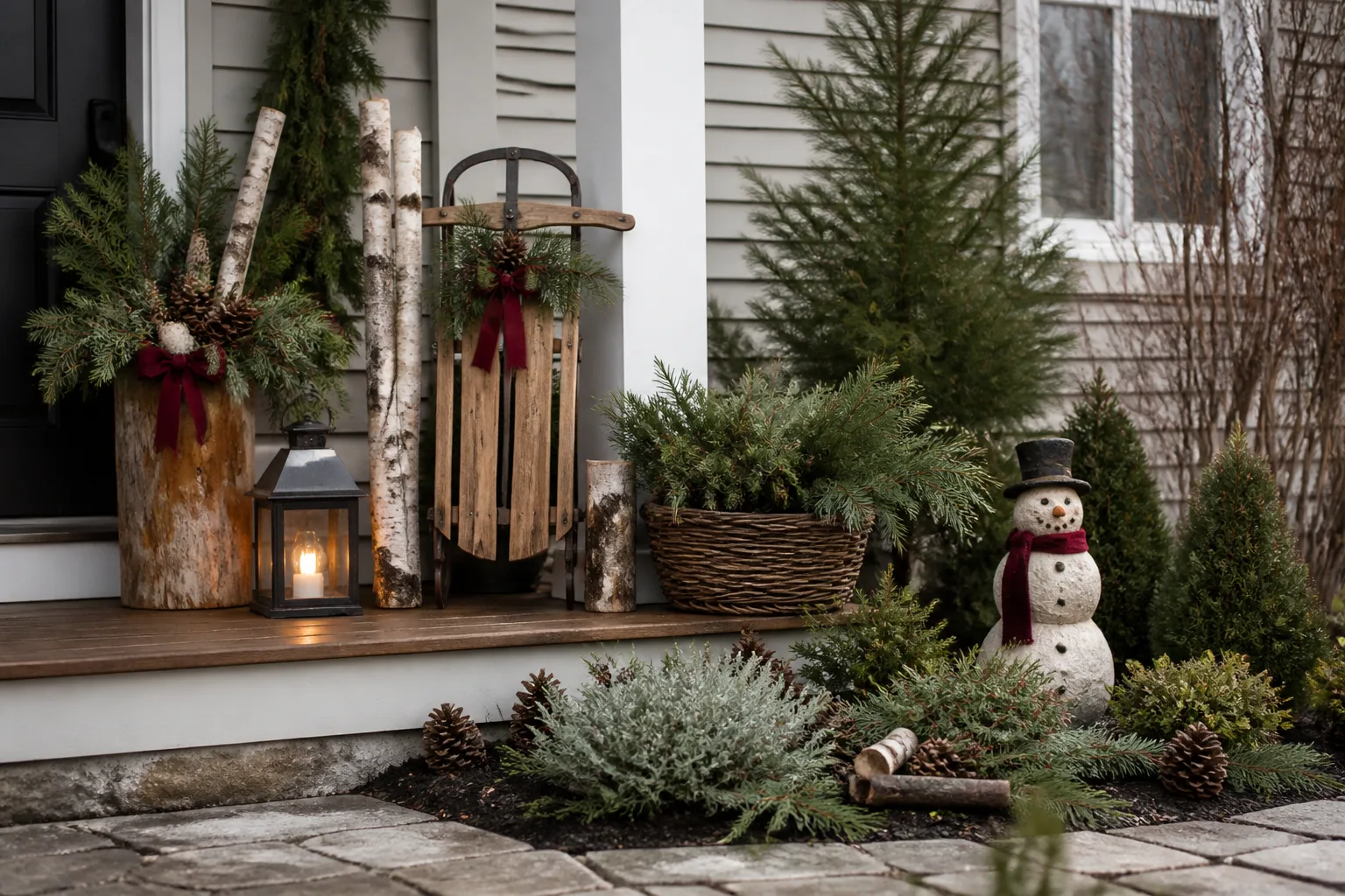 Rustic woodland holiday porch with evergreen boughs, birch logs, lanterns, and natural winter accents