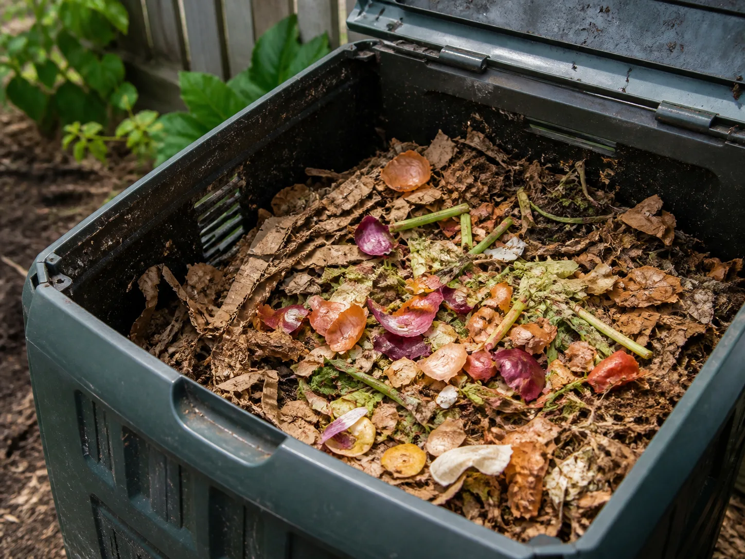 Open compost bin layered with onion skins, vegetable scraps, dry leaves, and shredded cardboard