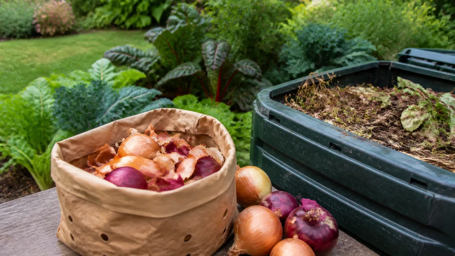 Paper onion skins in a compost caddy beside a backyard compost bin and vegetable garden