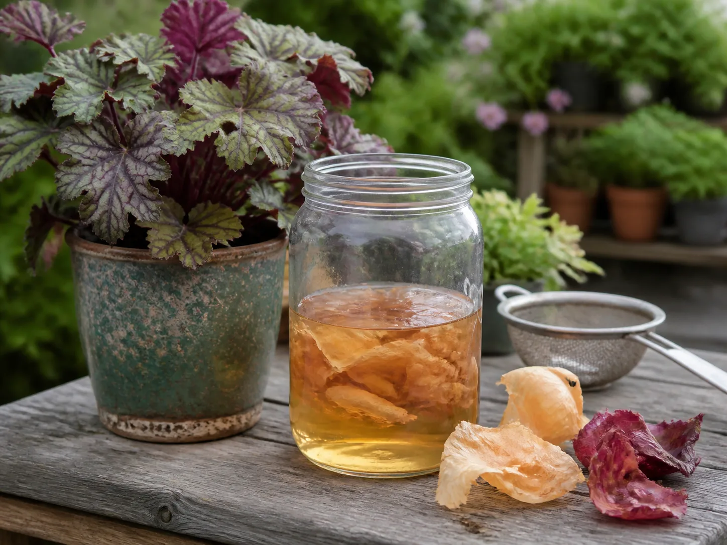 Small jar of onion-skin water beside a potted ornamental plant on a clean potting bench