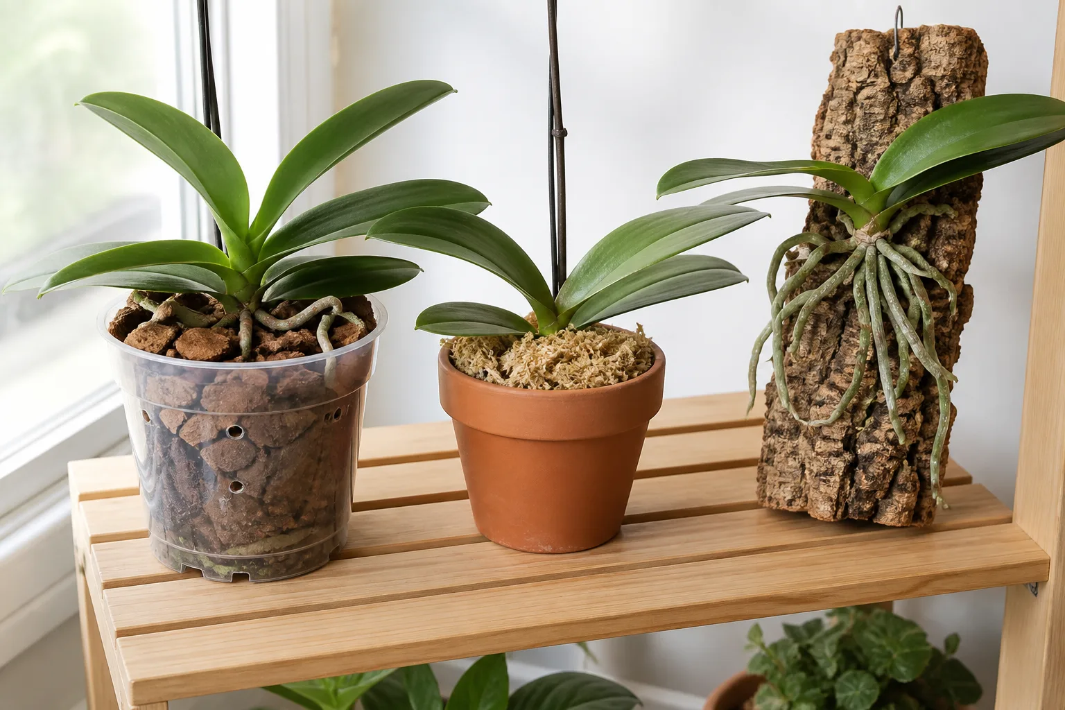 Comparison of chunky orchid bark, sphagnum moss, and a mounted Phalaenopsis orchid on cork