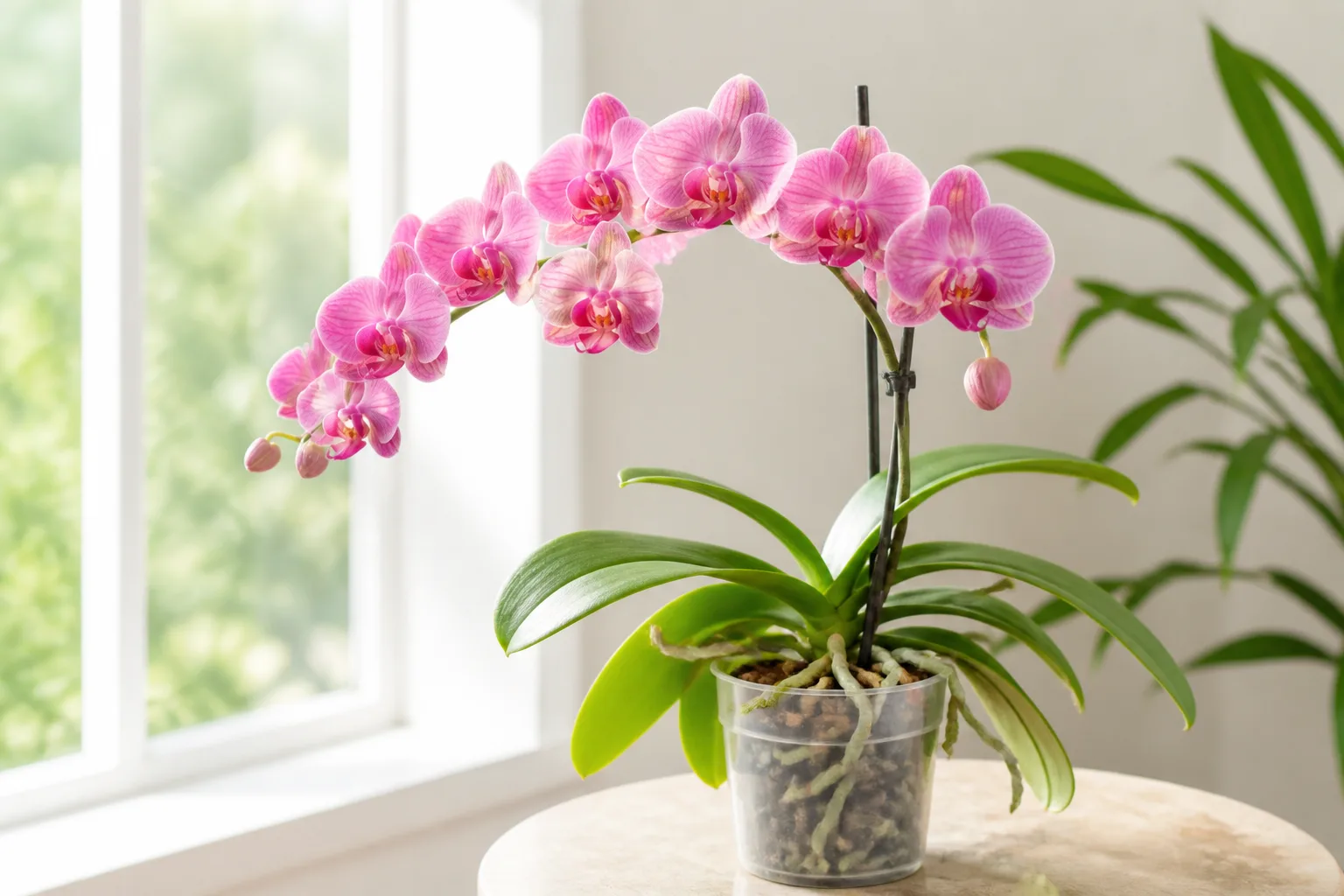Flowering Phalaenopsis orchid with pink blooms and glossy green leaves in a bright indoor corner