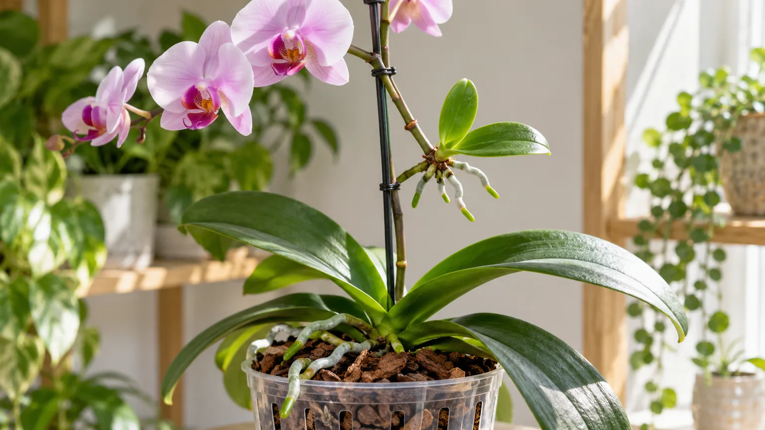 A Phalaenopsis orchid with a baby keiki and roots growing from its flower spike