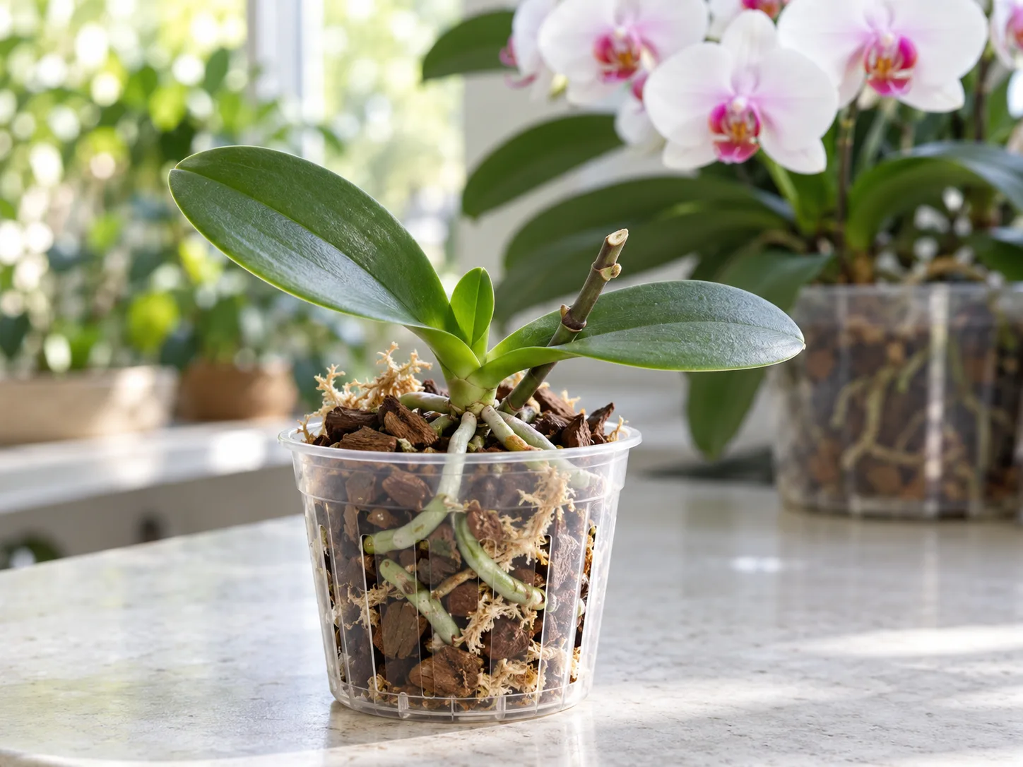 A newly potted orchid keiki sits above airy bark in a small ventilated orchid pot