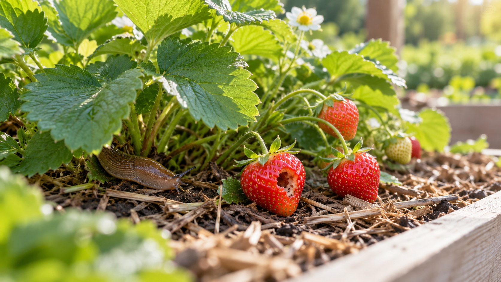 Strawberry bed with slug feeding beside a berry with a small feeding hole