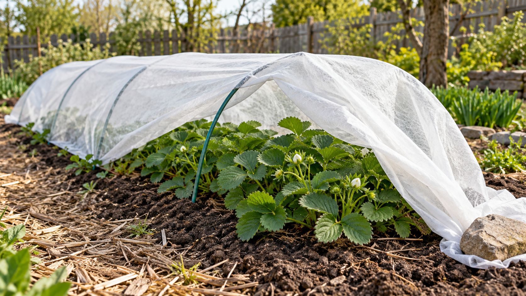 A floating row cover over strawberry plants before bloom