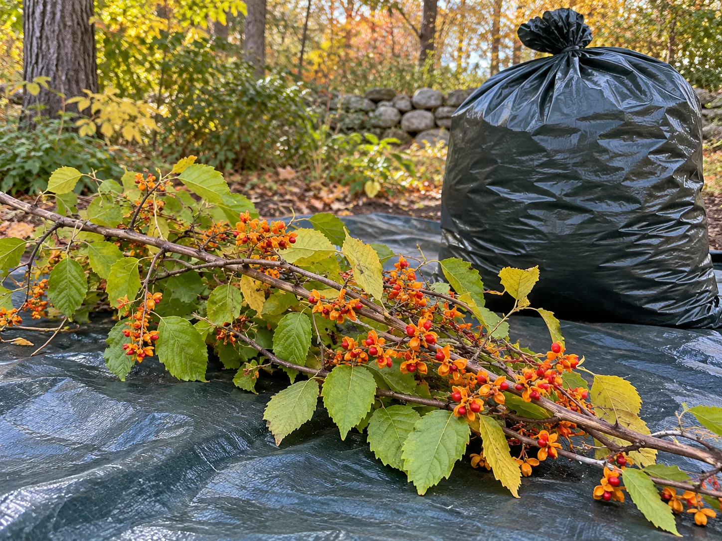 Fruiting Oriental bittersweet stems contained on a tarp beside a closed bag before disposal