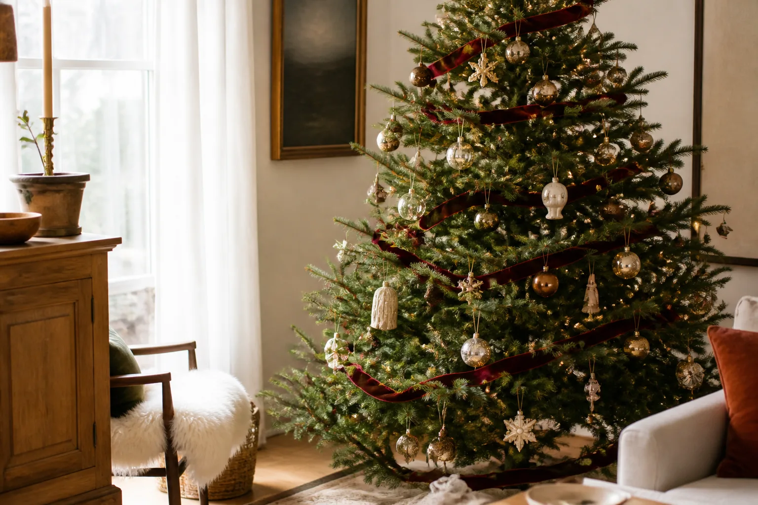 Collected Christmas tree with mixed glass and wood ornaments, velvet ribbon, and warm white lights in a cozy living room