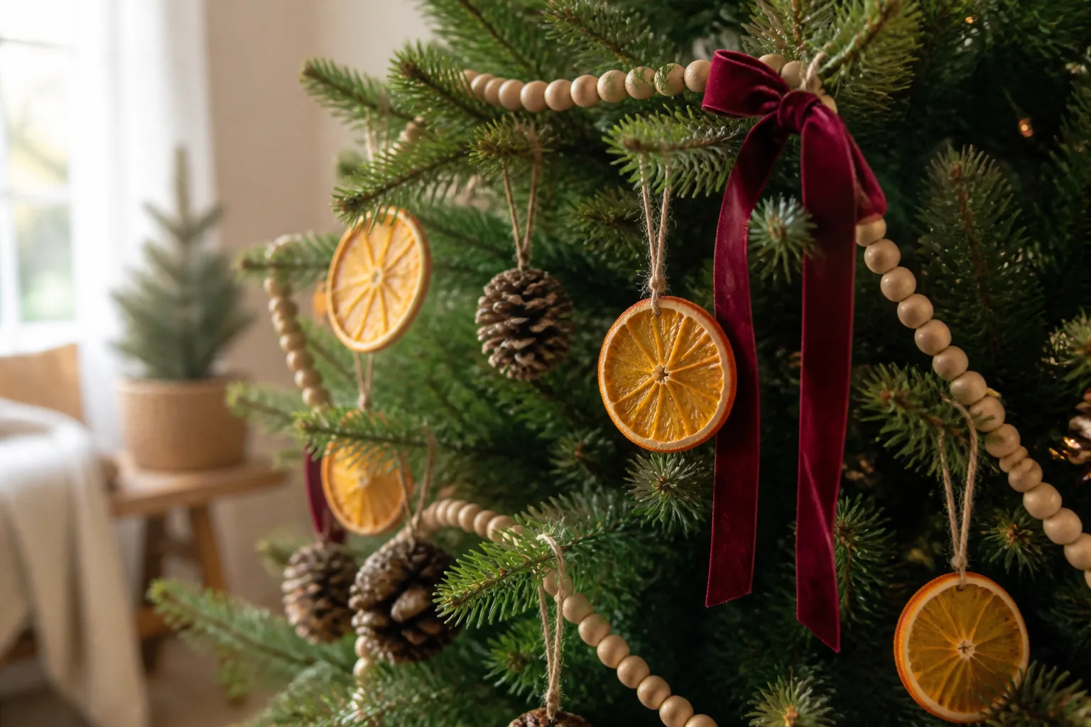 Christmas tree branch with wooden beaded garland, dried orange slices, pinecones, and velvet ribbon instead of plastic tinsel