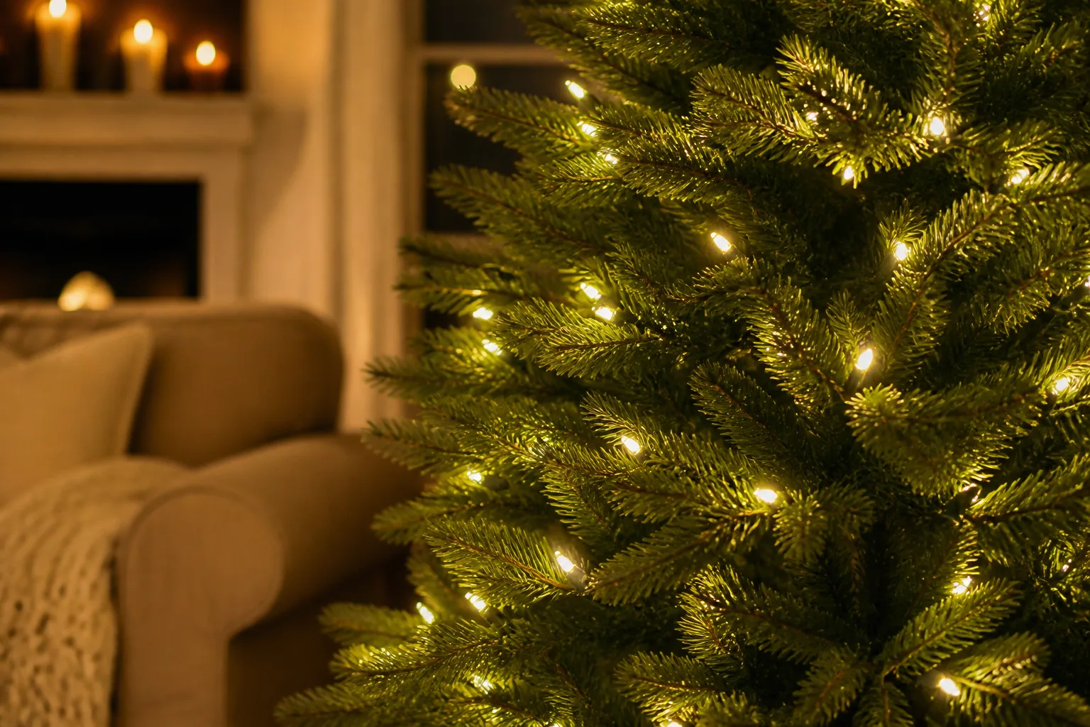 Christmas tree with warm white LED lights tucked deep inside green branches for a soft glow