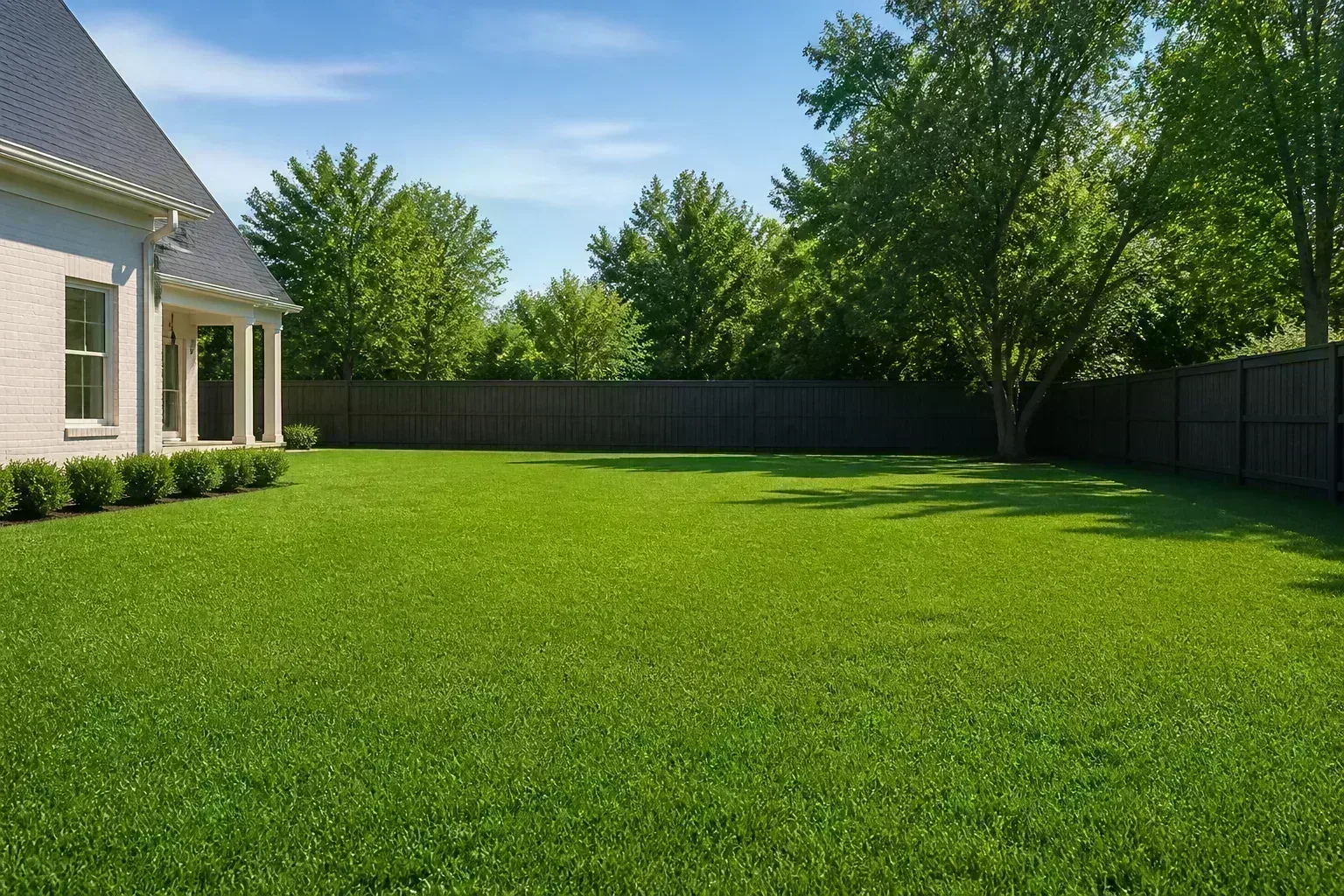 Backyard split between synthetic turf dog run and adjacent natural grass lawn for comparison