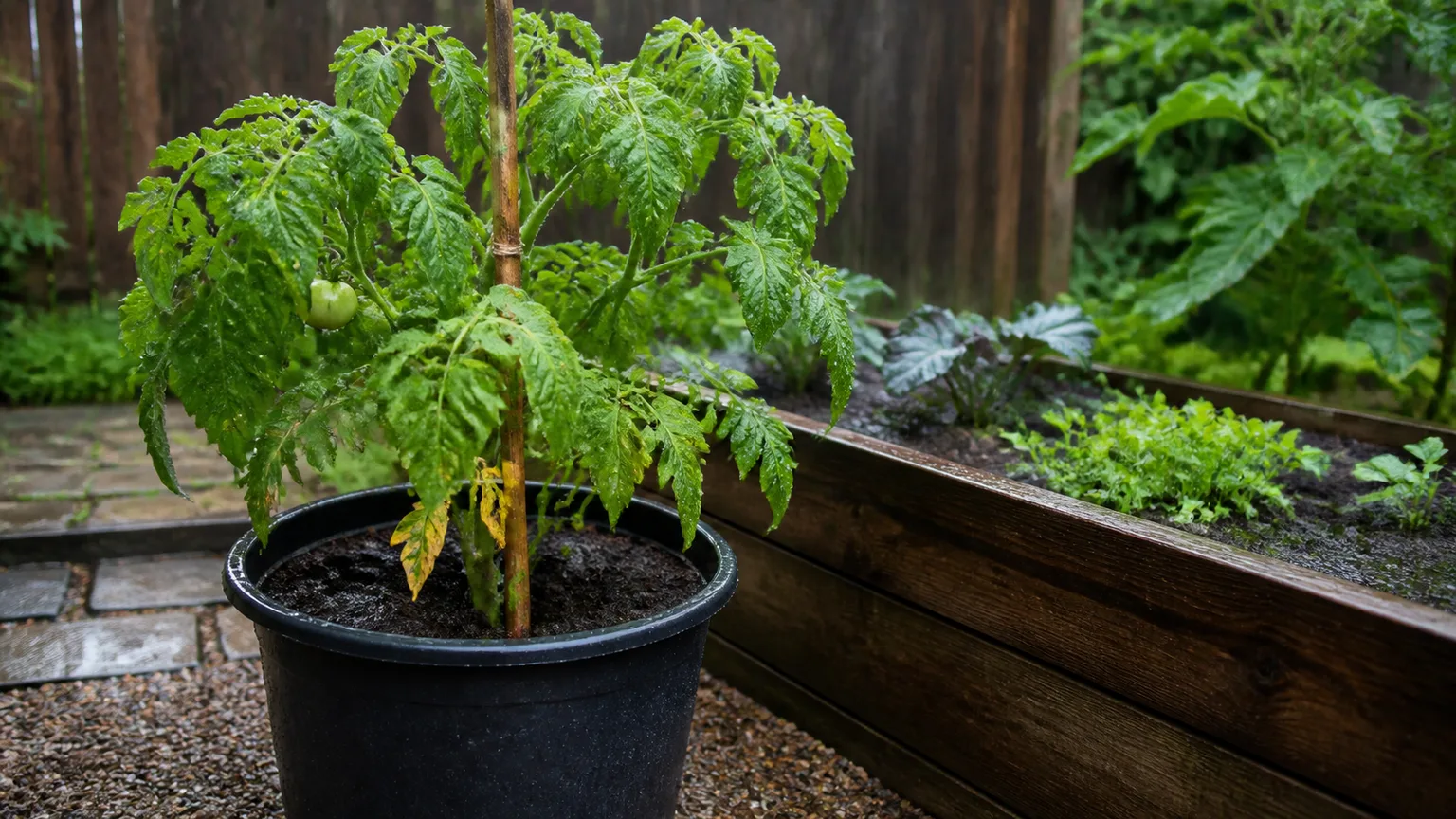 Rain-wet tomato plant with slightly drooping foliage in a container beside a raised bed