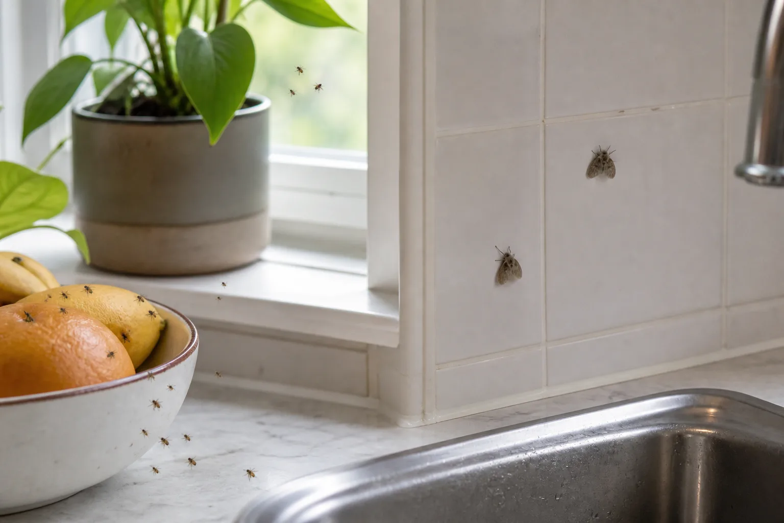 Fruit flies, drain flies, and a houseplant pest around an indoor sink and fruit bowl