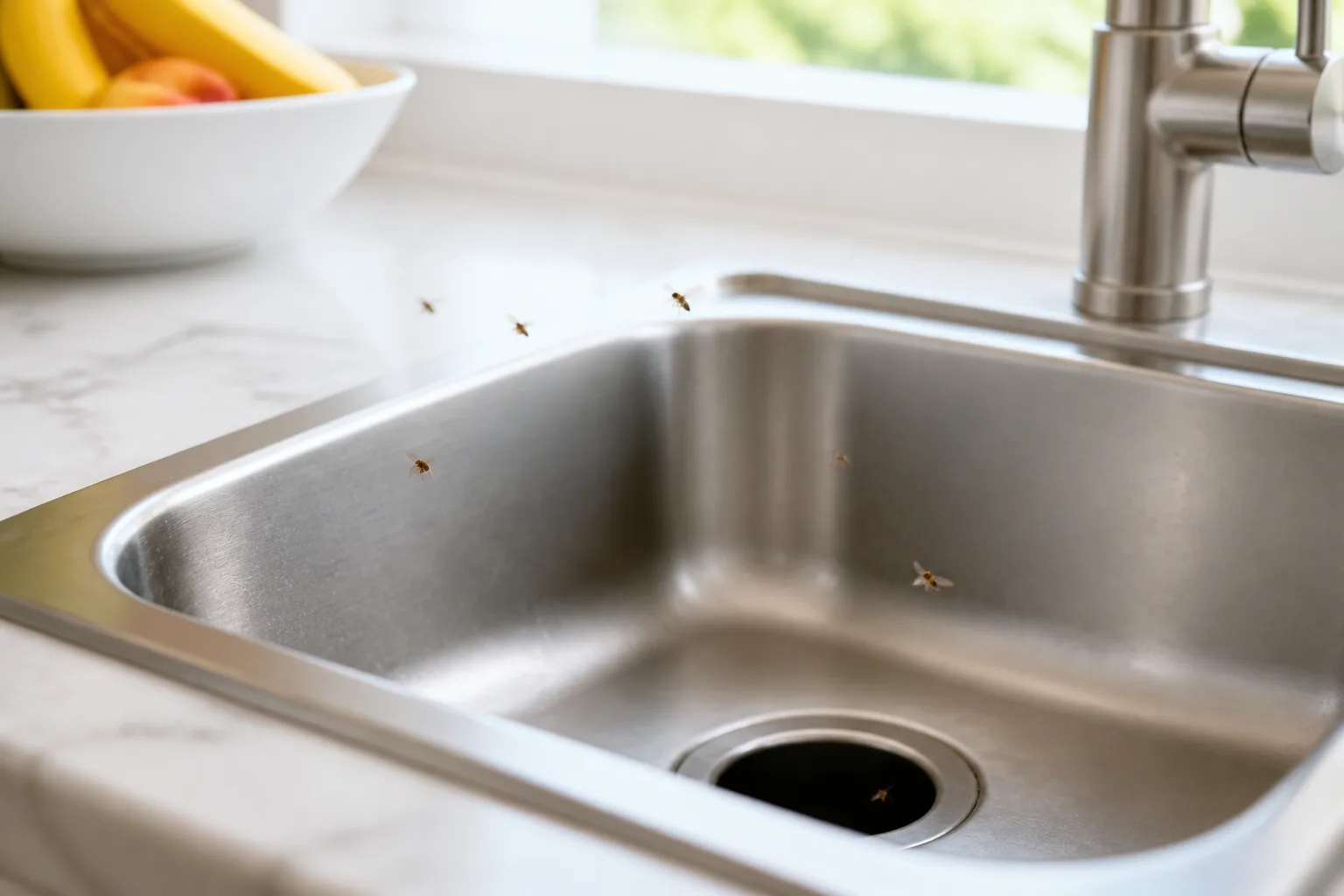 Hero illustrating how to stop fruit flies in a kitchen drain