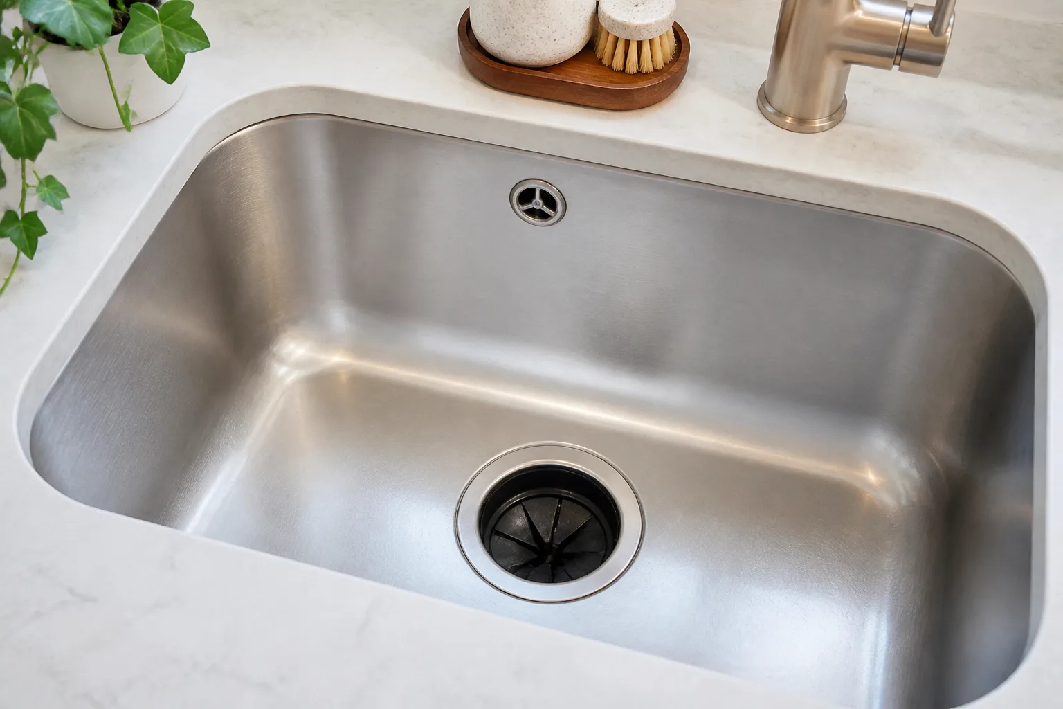 A clean stainless-steel sink with a drain and garbage-disposal opening ready for a strainer