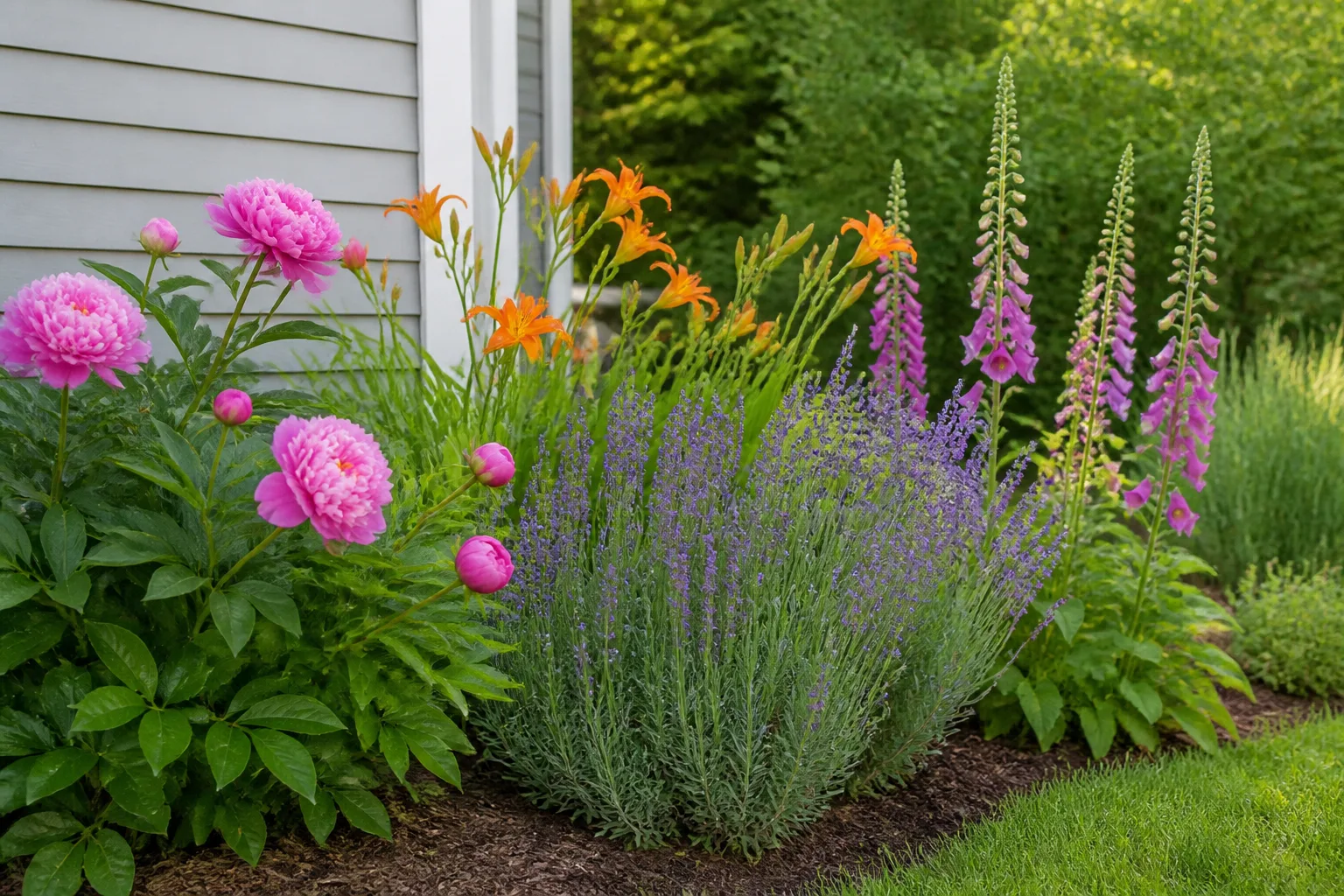 Spring garden border with peonies, daylilies, lavender, and foxgloves