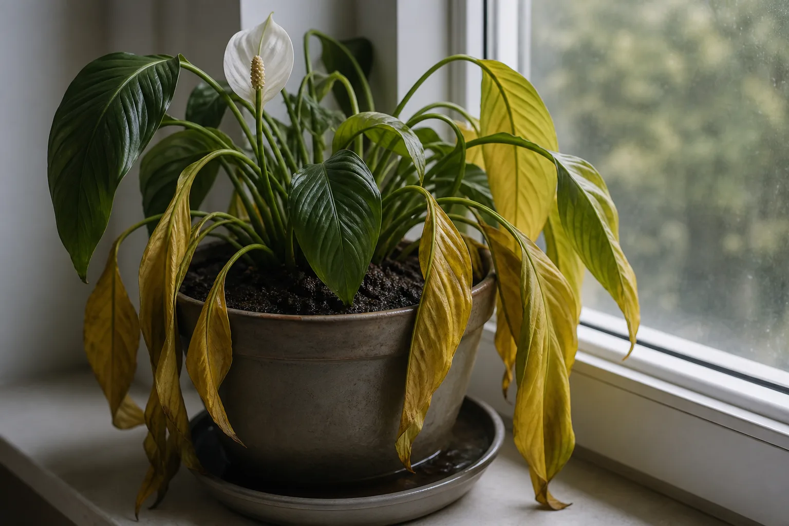 Overwatered houseplant with yellow drooping leaves in wet soil