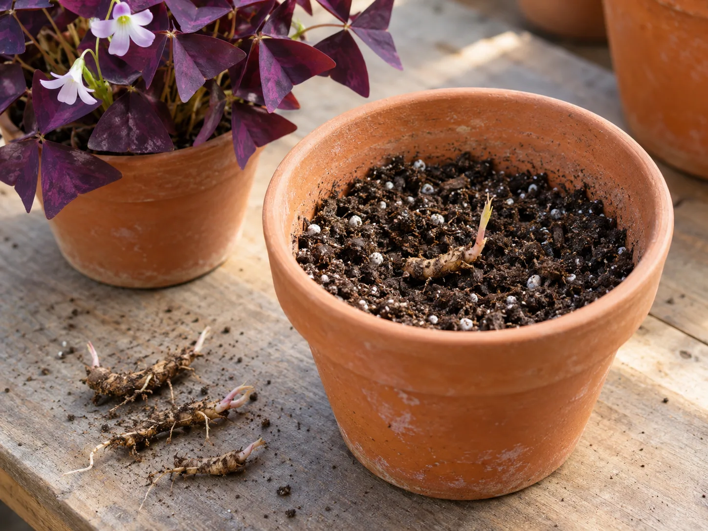 Small oxalis plants and underground growth being set into loose potting mix in a draining container