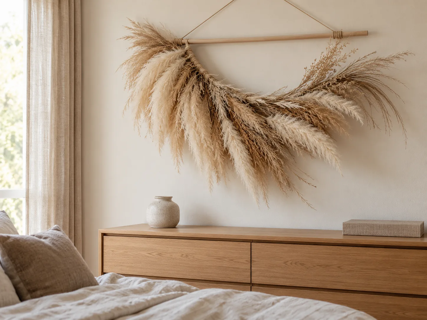 A crescent-shaped pampas grass wall hanging rests above a simple bedroom dresser