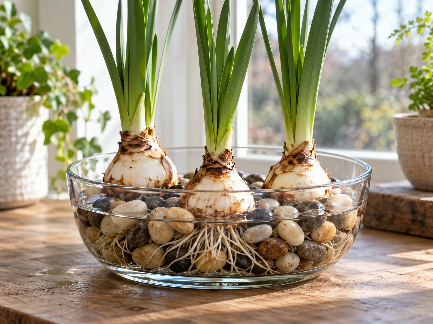 Paperwhite bulbs supported upright in a shallow pebble-and-water forcing bowl
